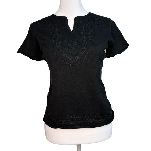 Cedars Tops - Vtg 90s Silk Embroidered Top Black Split Neck Short Sleeve Boho Womens Small